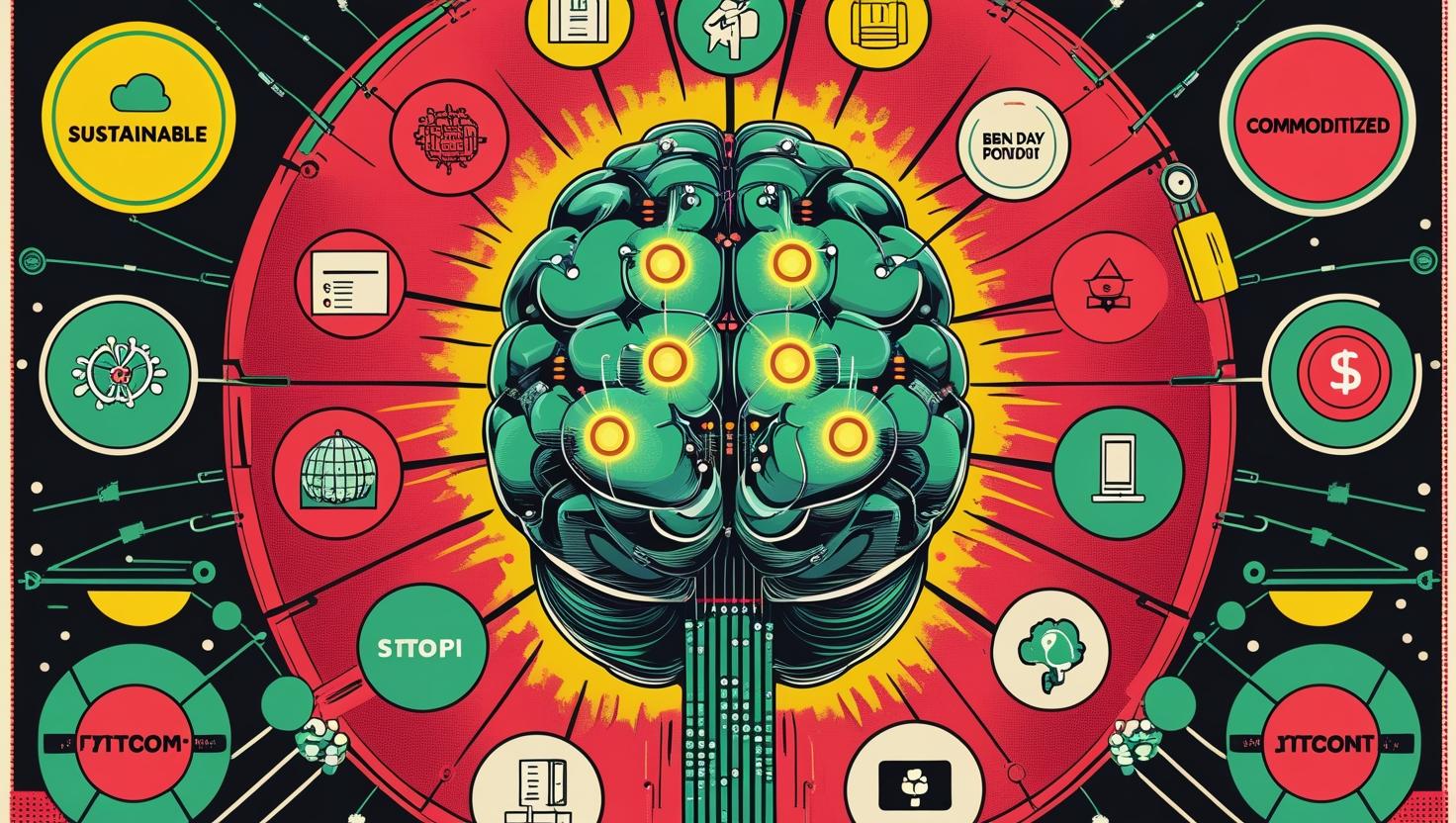 AI brain surrounded by various business applications with some marked as sustainable and others as commoditized