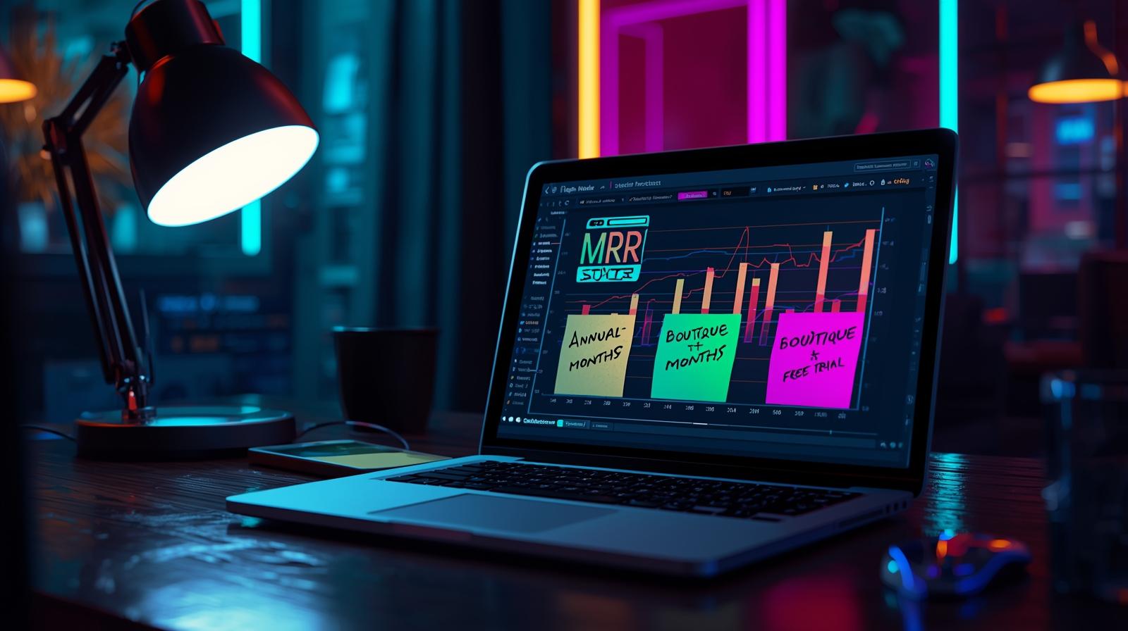 Laptop with rising MRR chart, sticky notes
