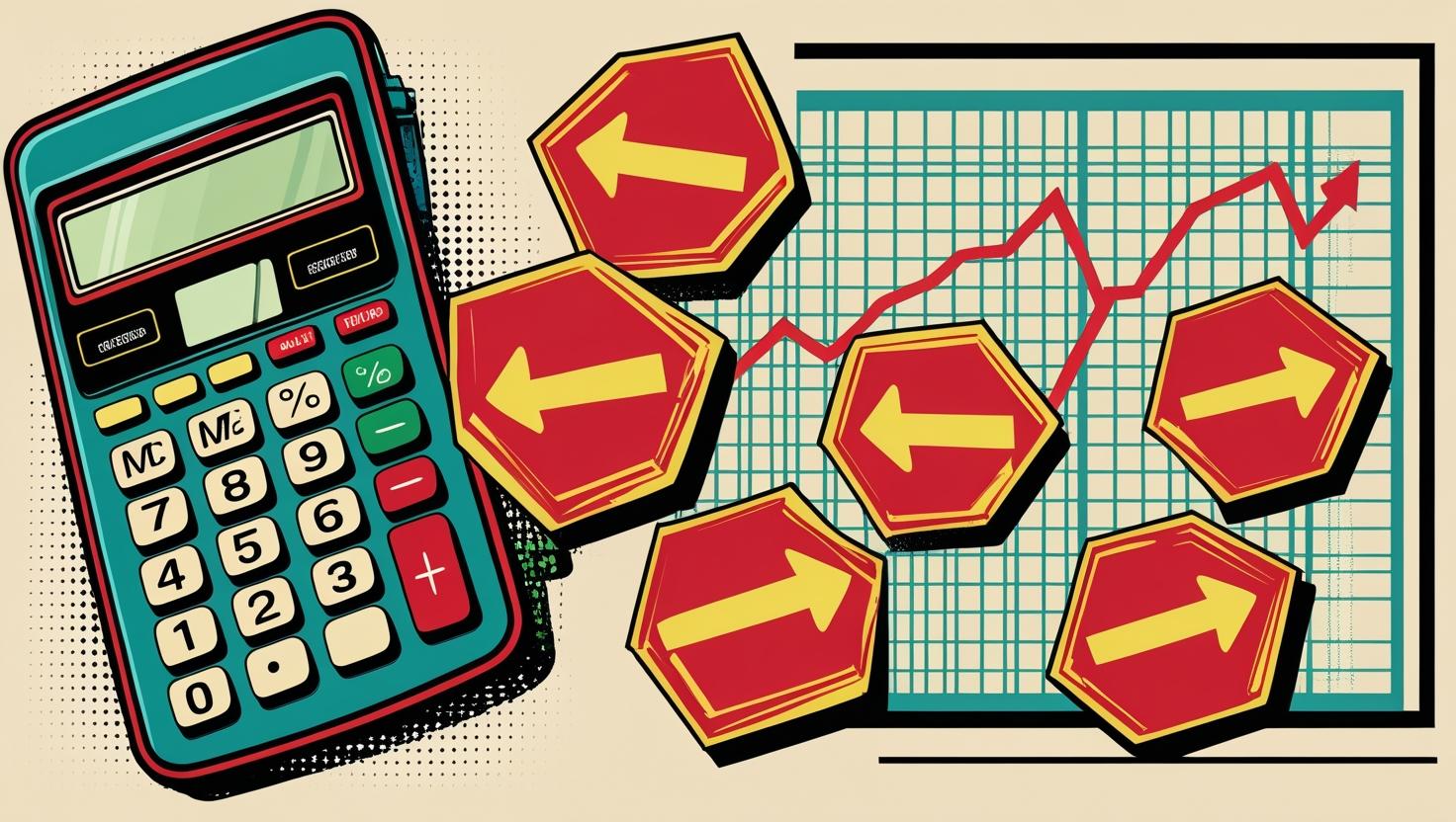 Calculator and financial charts with red warning signs