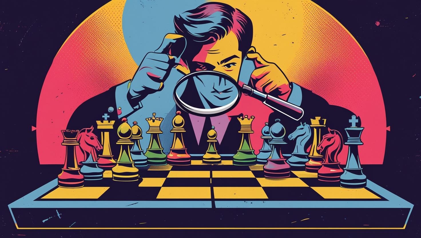 Chess board with business pieces and magnifying glass analyzing competitor moves
