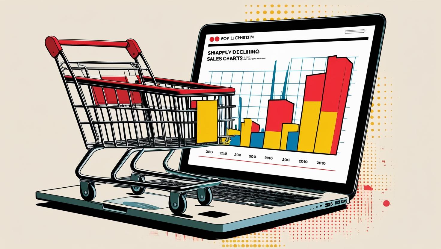 Shopping cart abandoned on a laptop screen with declining sales charts
