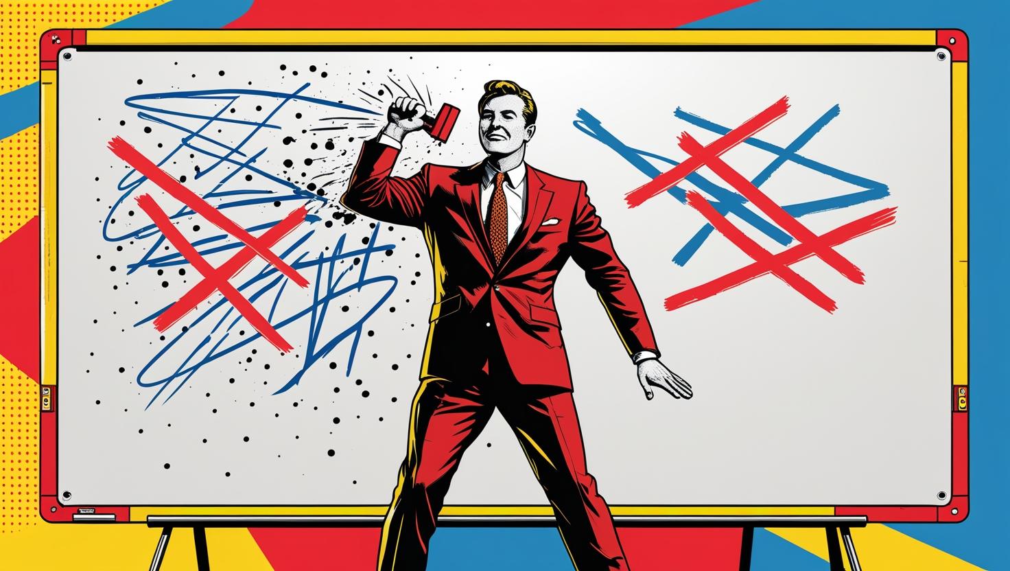 Entrepreneur confidently erasing a whiteboard with a failed idea