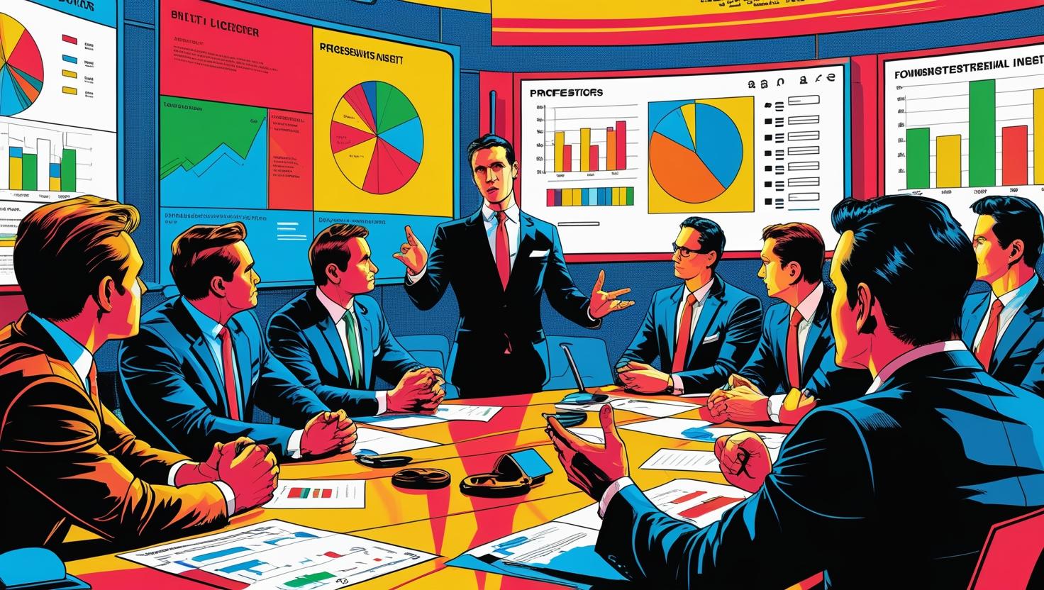 Professional founder presenting to a panel of investors in a modern conference room, with charts and data on screens, showing intense discussion and questioning