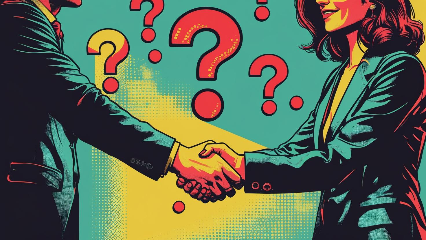 Two founders shaking hands with warning signs and question marks floating above them