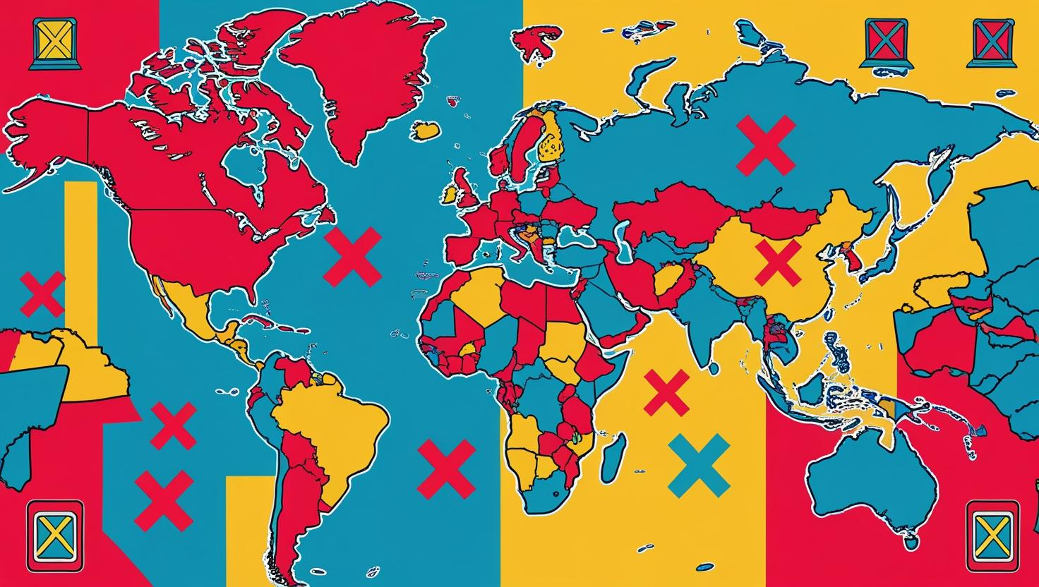 World map with red X marks over various countries and warning signs