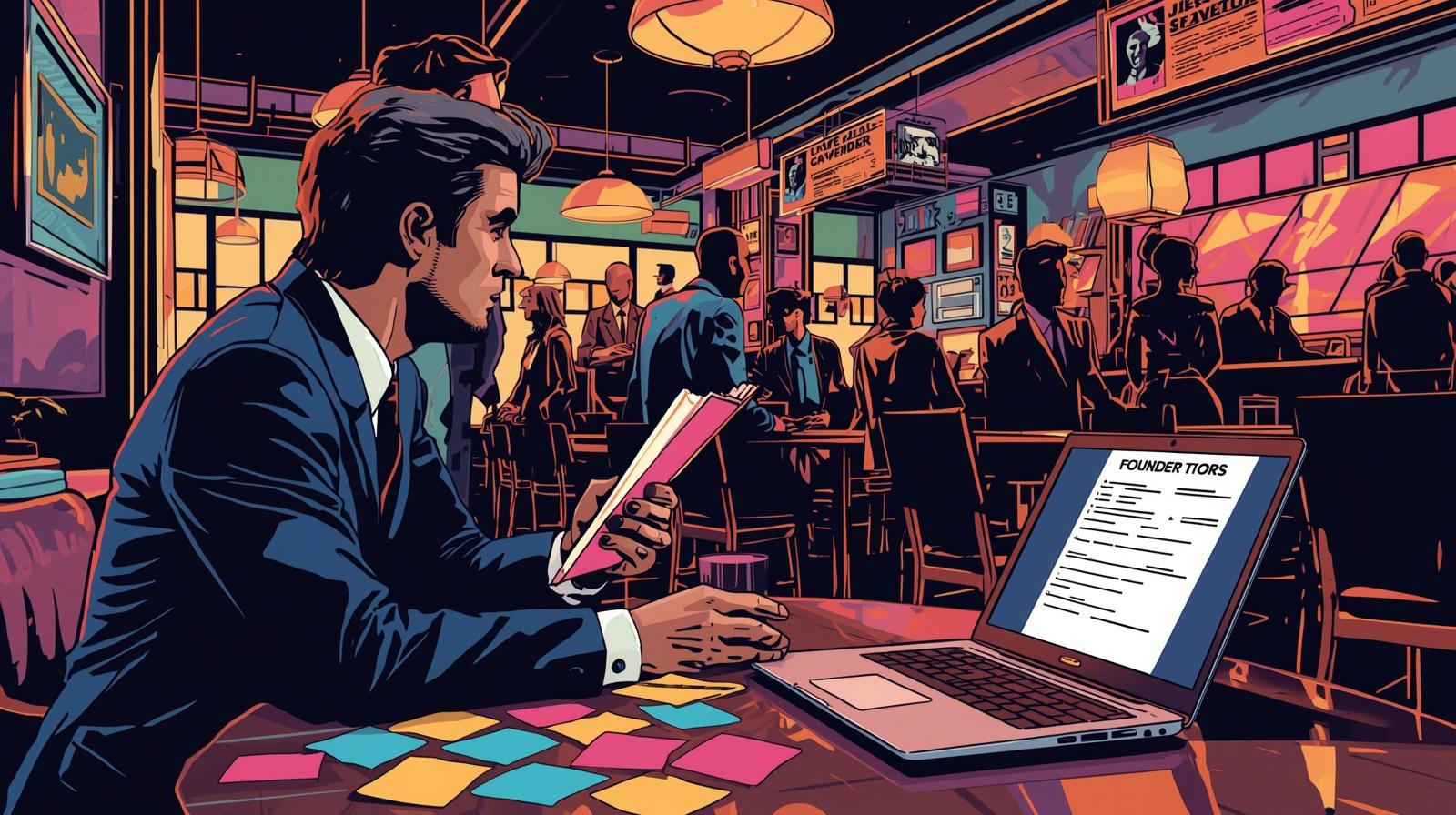 Founder with a clipboard interviewing a stranger at a coffee shop, with sticky notes and a laptop open to a survey form