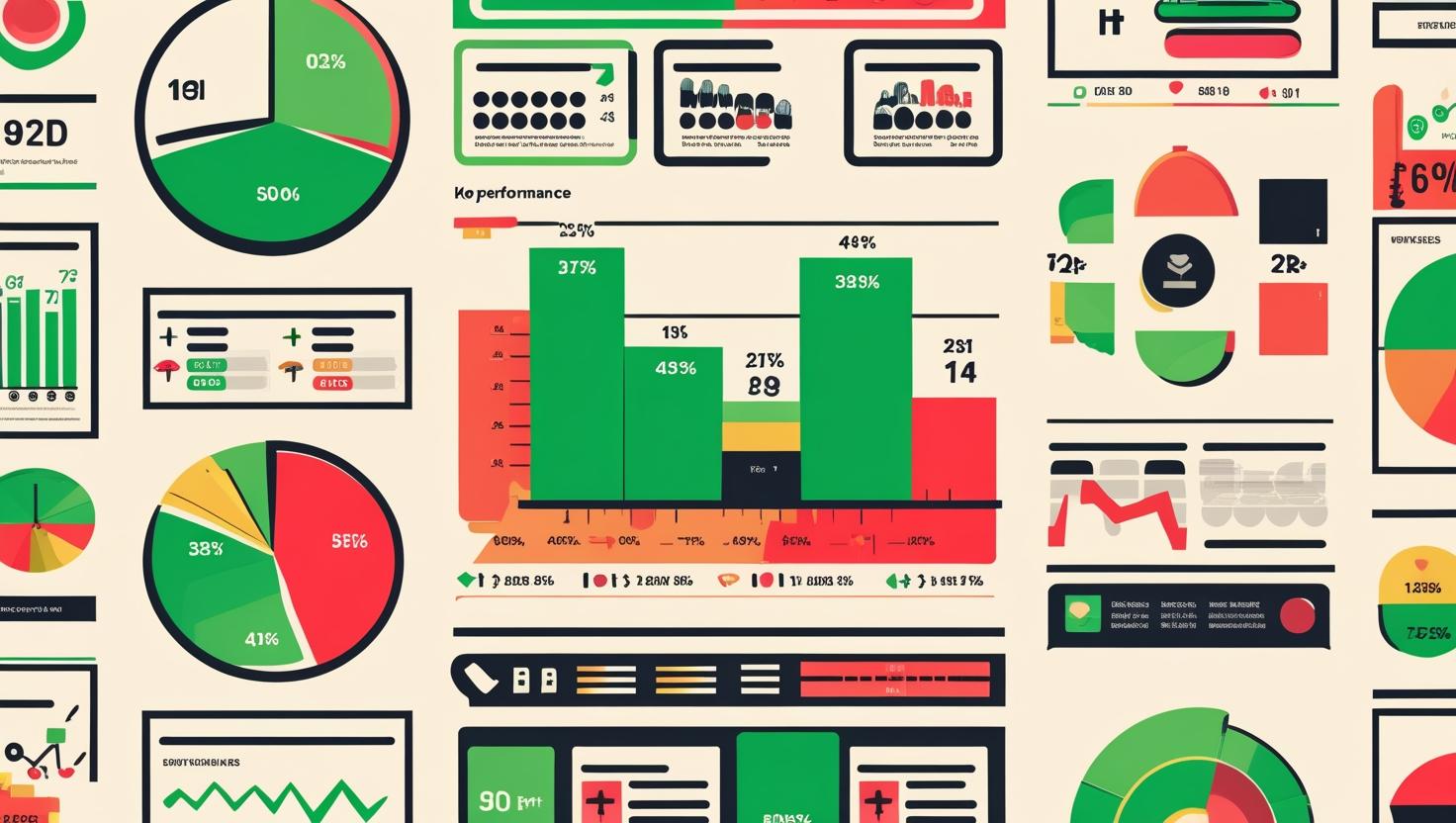 Dashboard showing various business metrics with some highlighted in green and others in red