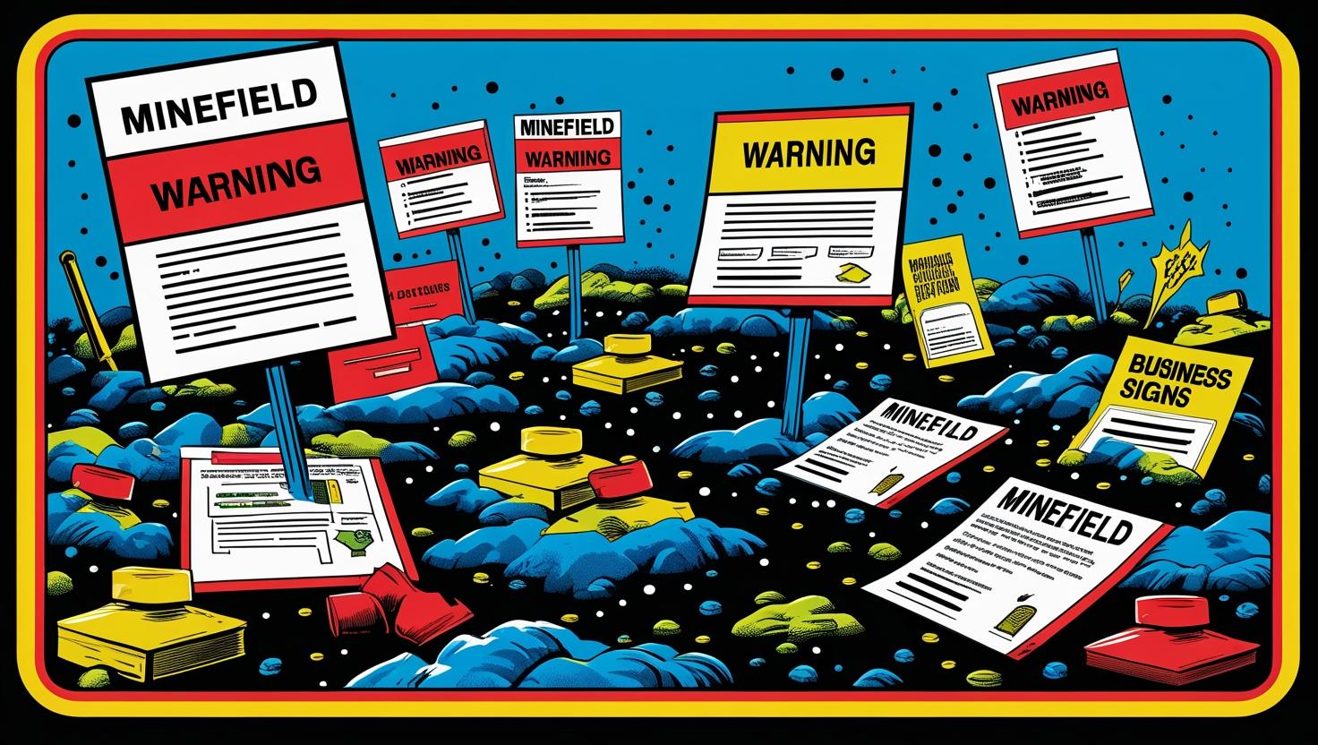 Minefield with business documents and warning signs scattered across legal landscape