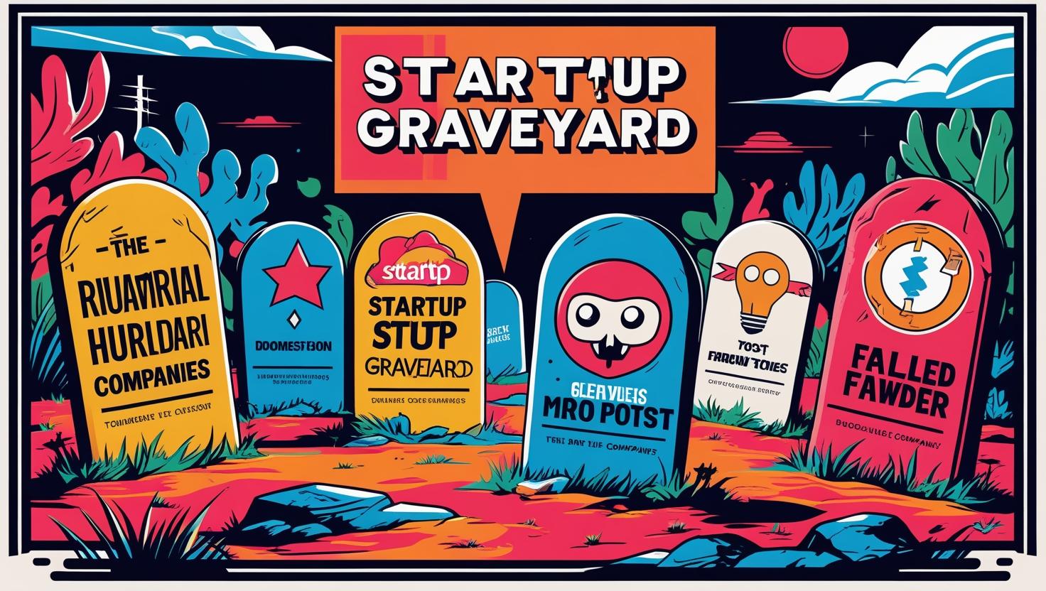 Startup graveyard with tombstones showing failed company names