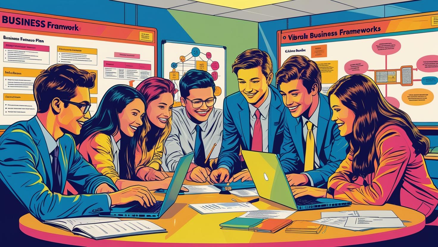 Students collaborating around a table reviewing business plans with laptops, notebooks, and feedback forms, in a modern classroom setting with whiteboards showing business frameworks
